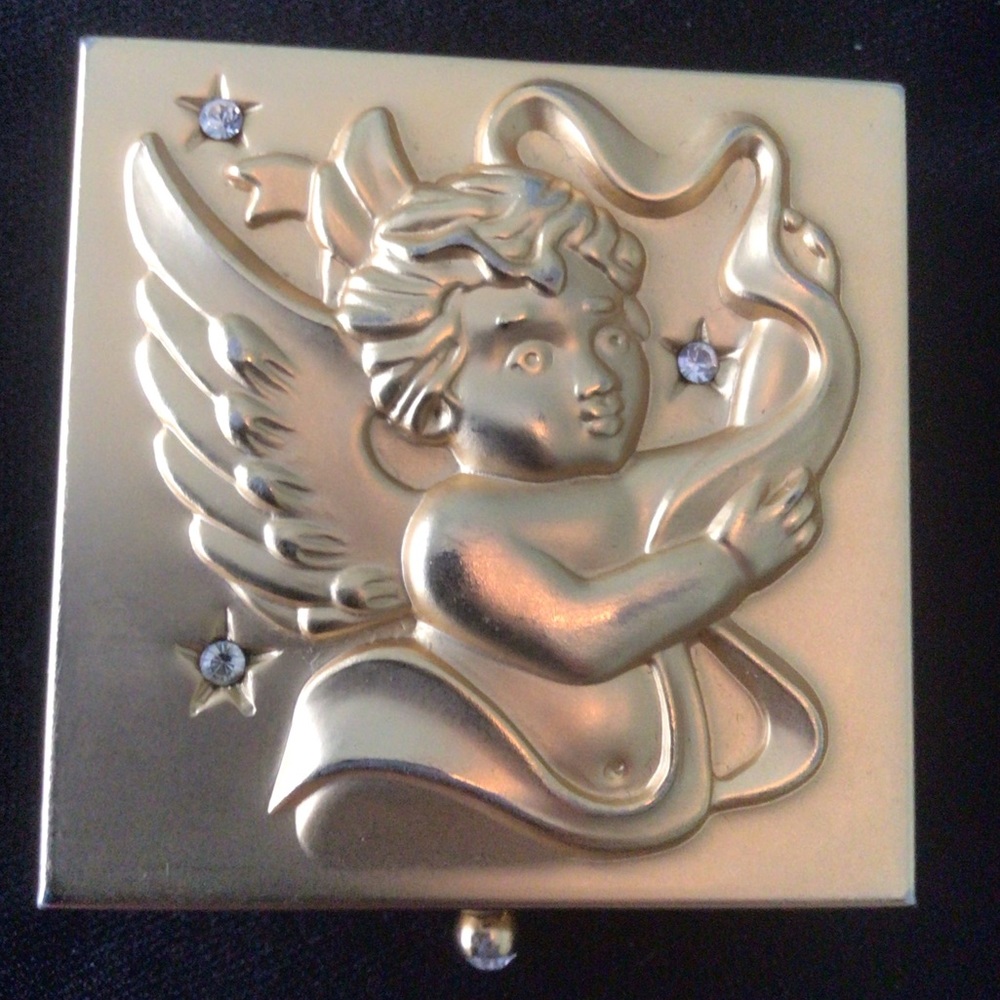 Pillbox, gold tone with cherub and rhinestones on top - Vintage